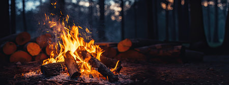 Bonfire in the forest in the evening. Camping concept.の素材