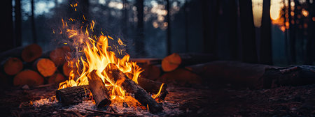 Bonfire in the forest at sunset. Burning firewood in the forest.の素材