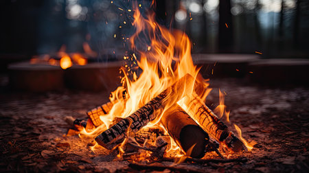 Bonfire in the forest. Camping fire close-up.の素材