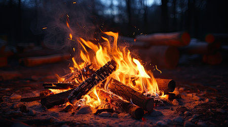 Bonfire in the forest at night. Close-up. Selective focus.の素材