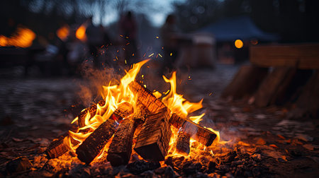 Bonfire in the forest at night. Camping in nature.の素材