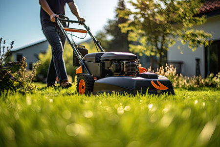 Man mowing the lawn with a lawn mower in the garden. Gardening concepの素材