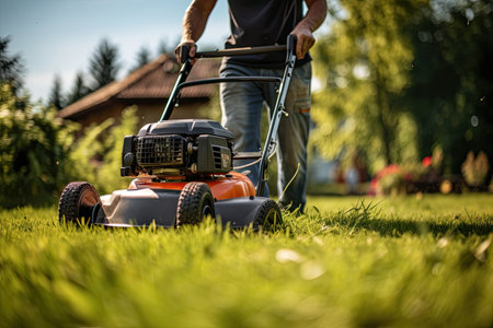 Man mowing the lawn with a lawn mower in the garden. Gardening concepの素材