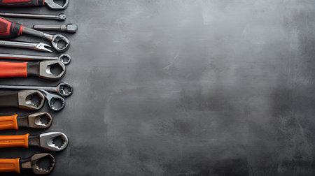 Top view of construction tools on blackboard background with copy space.の素材