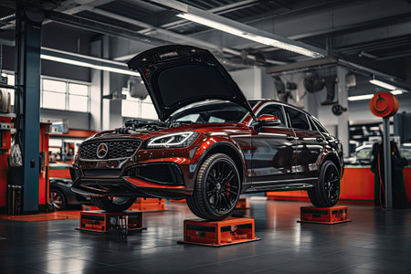 Modern car in the repair shop. Auto service industry. Automotive businessの素材