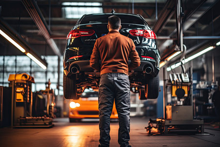 selective focus of handsome auto mechanic in uniform repairing car in auto repair shopの素材