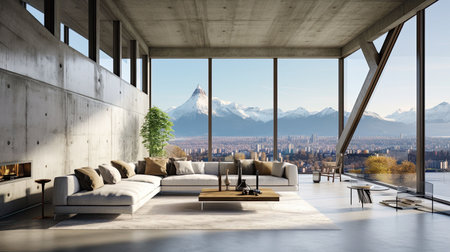 Interior of modern living room with panoramic view of mountainsの素材