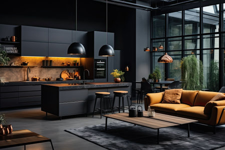 Luxury kitchen interior design with black walls, concrete floor, dark wooden countertops, black cupboards and dining table with black chairsの素材