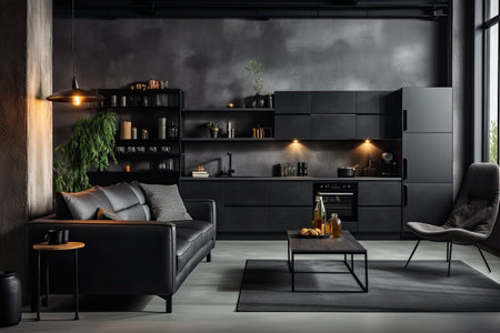 Luxury kitchen interior design with black walls, concrete floor, dark wooden countertops, black cupboards and dining table with black chairsの素材