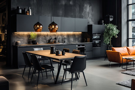 Luxury kitchen interior design with black walls, concrete floor, dark wooden countertops, black cupboards and dining table with black chairsの素材