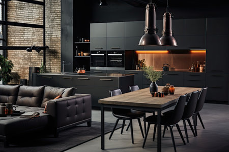 Luxury kitchen interior design with black walls, concrete floor, dark wooden countertops, black cupboards and dining table with black chairsの素材