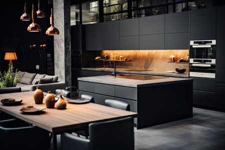 Luxury kitchen interior design with black walls, concrete floor, dark wooden countertops, black cupboards and dining table with black chairsの素材