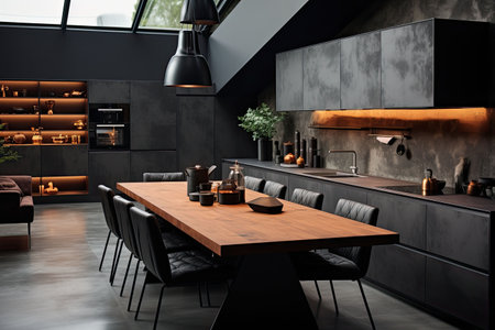Luxury kitchen interior design with black walls, concrete floor, dark wooden countertops, black cupboards and dining table with black chairsの素材