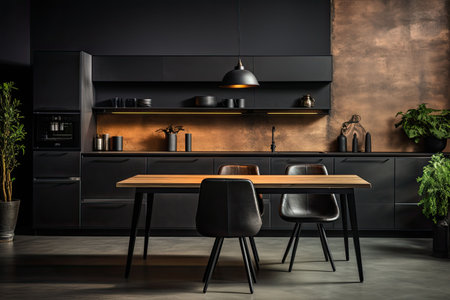 Luxury kitchen interior design with black walls, concrete floor, dark wooden countertops, black cupboards and dining table with black chairsの素材