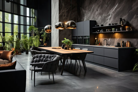 Luxury kitchen interior design with black walls, concrete floor, dark wooden countertops, black cupboards and dining table with black chairsの素材