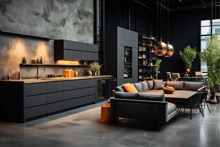 Luxury kitchen interior design with black walls, concrete floor, dark wooden countertops, black cupboards and dining table with black chairsの素材
