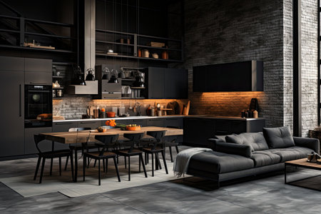 Luxury kitchen interior design with black walls, concrete floor, dark wooden countertops, black cupboards and dining table with black chairsの素材