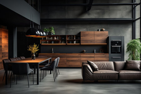 Luxury kitchen interior design with black walls, concrete floor, dark wooden countertops, black cupboards and dining table with black chairsの素材
