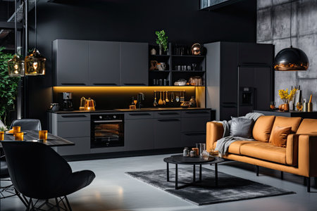 Luxury kitchen interior design with black walls, concrete floor, dark wooden countertops, black cupboards and dining table with black chairsの素材