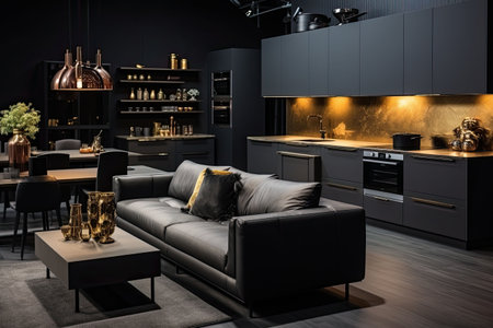 Luxury kitchen interior design with black walls, concrete floor, dark wooden countertops, black cupboards and dining table with black chairsの素材