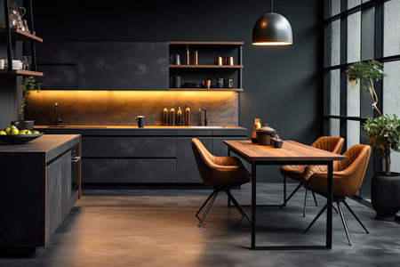 Luxury kitchen interior design with black walls, concrete floor, dark wooden countertops, black cupboards and dining table with black chairsの素材