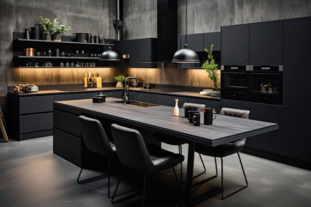 Luxury kitchen interior design with black walls, concrete floor, dark wooden countertops, black cupboards and dining table with black chairsの素材