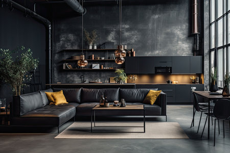 Luxury kitchen interior design with black walls, concrete floor, dark wooden countertops, black cupboards and dining table with black chairsの素材