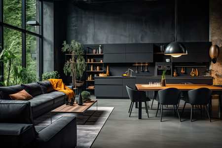 Luxury kitchen interior design with black walls, concrete floor, dark wooden countertops, black cupboards and dining table with black chairsの素材
