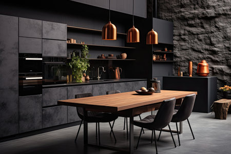 Luxury kitchen interior design with black walls, concrete floor, dark wooden countertops, black cupboards and dining table with black chairsの素材