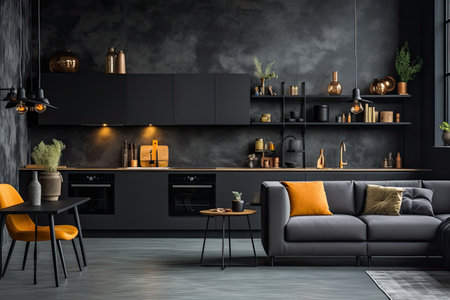 Luxury kitchen interior design with black walls, concrete floor, dark wooden countertops, black cupboards and dining table with black chairsの素材