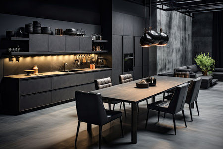 Luxury kitchen interior design with black walls, concrete floor, dark wooden countertops, black cupboards and dining table with black chairsの素材