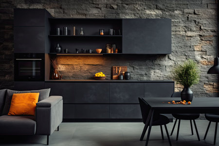 Luxury kitchen interior design with black walls, concrete floor, dark wooden countertops, black cupboards and dining table with black chairsの素材