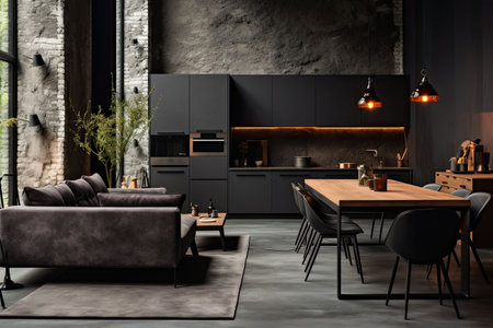 Luxury kitchen interior design with black walls, concrete floor, dark wooden countertops, black cupboards and dining table with black chairsの素材