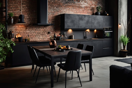 Luxury kitchen interior design with black walls, concrete floor, dark wooden countertops, black cupboards and dining table with black chairsの素材
