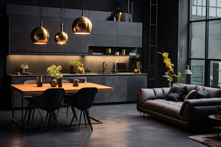 Luxury kitchen interior design with black walls, concrete floor, dark wooden countertops, black cupboards and dining table with black chairsの素材