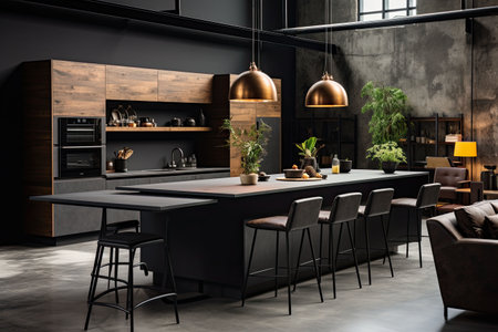 Luxury kitchen interior design with black walls, concrete floor, dark wooden countertops, black cupboards and dining table with black chairsの素材