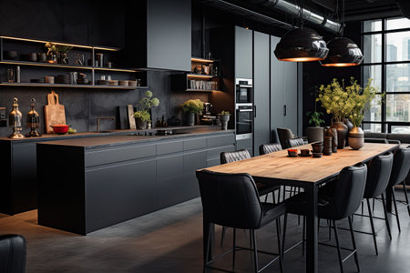 Luxury kitchen interior design with black walls, concrete floor, dark wooden countertops, black cupboards and dining table with black chairsの素材