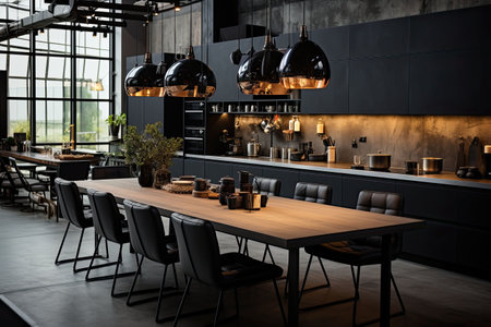 Luxury kitchen interior design with black walls, concrete floor, dark wooden countertops, black cupboards and dining table with black chairsの素材