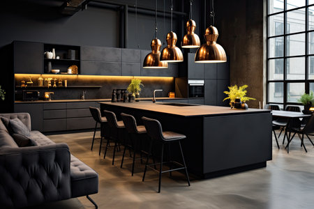 Luxury kitchen interior design with black walls, concrete floor, dark wooden countertops, black cupboards and dining table with black chairsの素材