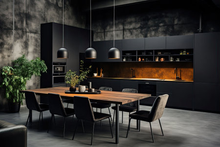 Luxury kitchen interior design with black walls, concrete floor, dark wooden countertops, black cupboards and dining table with black chairsの素材