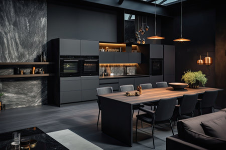 Luxury kitchen interior design with black walls, concrete floor, dark wooden countertops, black cupboards and dining table with black chairsの素材