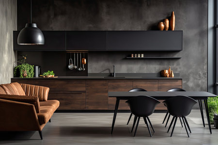 Luxury kitchen interior design with black walls, concrete floor, dark wooden countertops, black cupboards and dining table with black chairsの素材