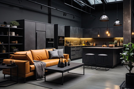 Luxury kitchen interior design with black walls, concrete floor, dark wooden countertops, black cupboards and dining table with black chairsの素材