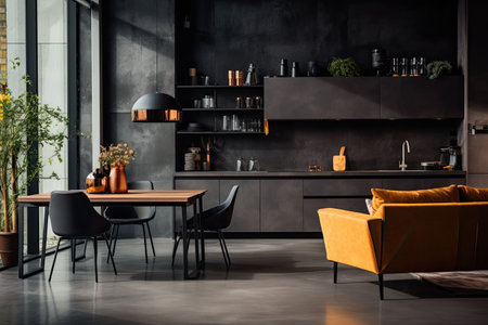 Luxury kitchen interior design with black walls, concrete floor, dark wooden countertops, black cupboards and dining table with black chairsの素材