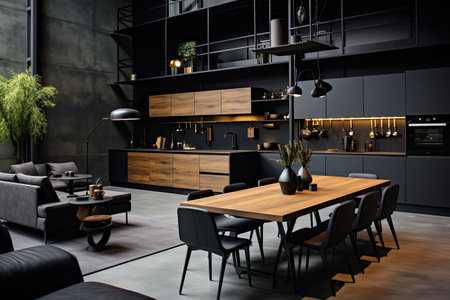 Luxury kitchen interior design with black walls, concrete floor, dark wooden countertops, black cupboards and dining table with black chairsの素材