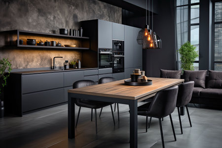 Luxury kitchen interior design with black walls, concrete floor, dark wooden countertops, black cupboards and dining table with black chairsの素材