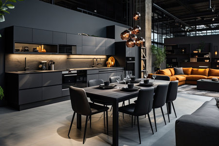 Luxury kitchen interior design with black walls, concrete floor, dark wooden countertops, black cupboards and dining table with black chairsの素材