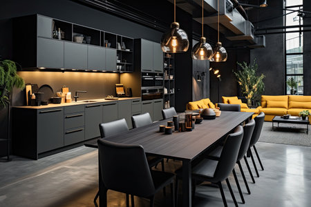 Luxury kitchen interior design with black walls, concrete floor, dark wooden countertops, black cupboards and dining table with black chairsの素材