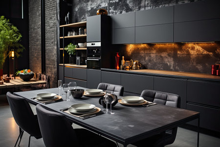 Luxury kitchen interior design with black walls, concrete floor, dark wooden countertops, black cupboards and dining table with black chairsの素材