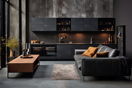 Luxury kitchen interior design with black walls, concrete floor, dark wooden countertops, black cupboards and dining table with black chairsの素材